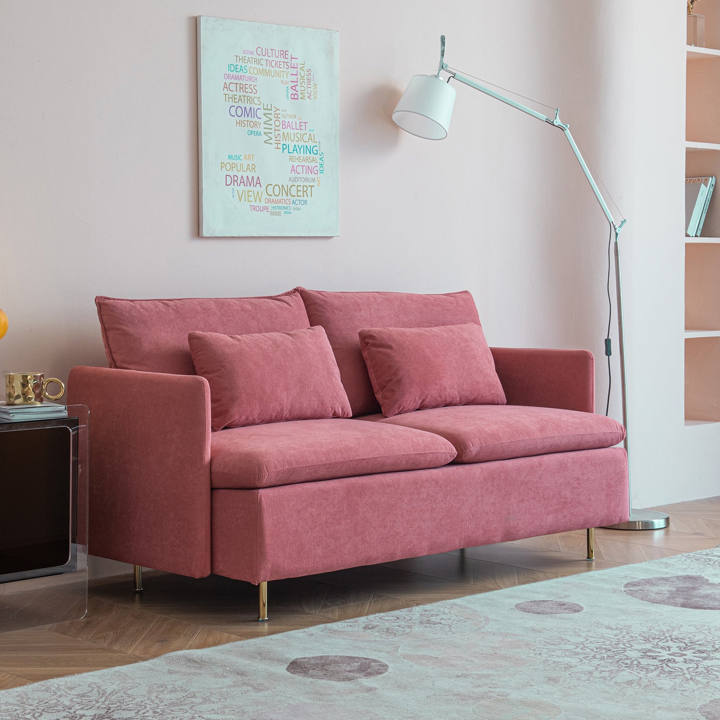 Modern Upholstered Loveseat Sofa;  Pink Cotton Linen-63.8''