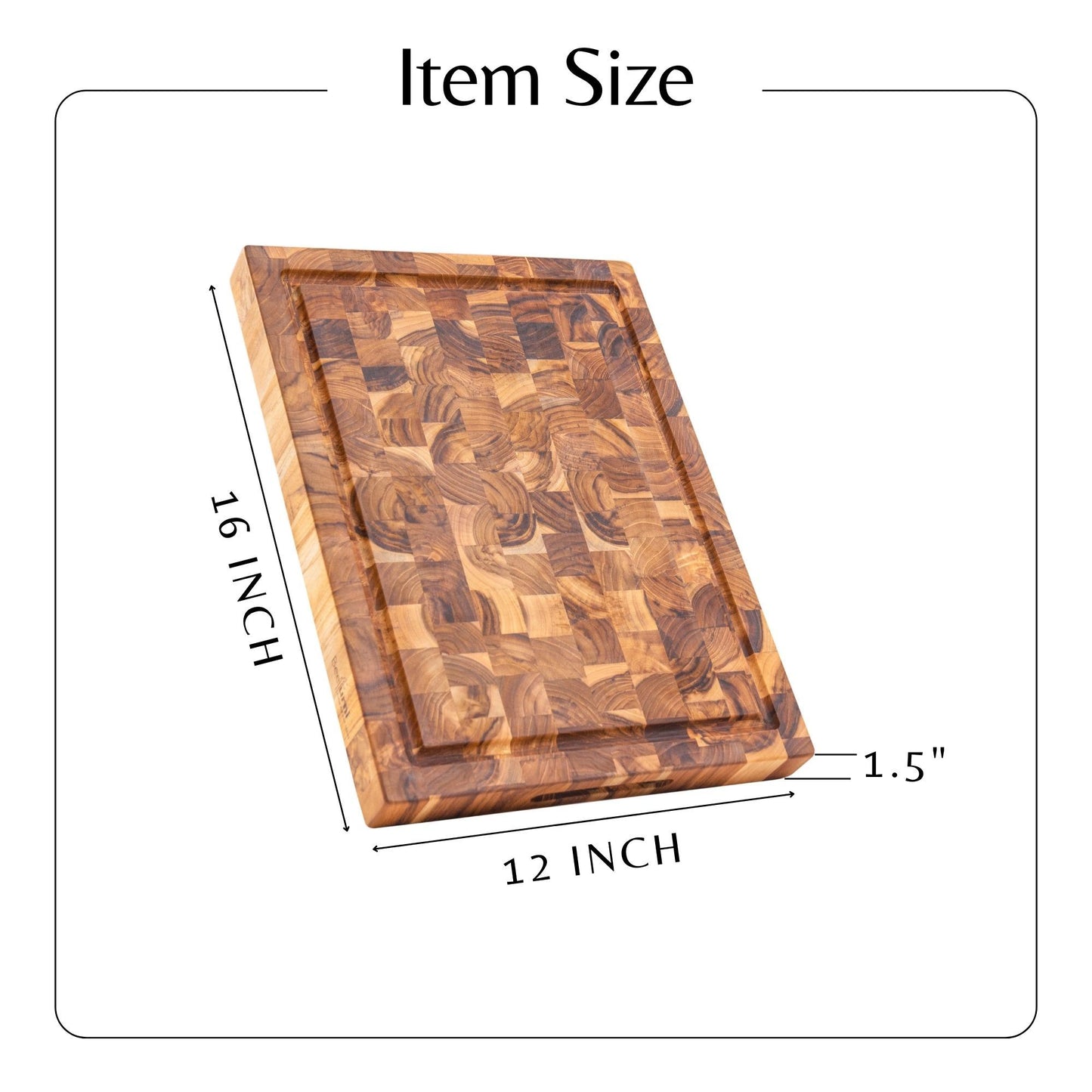 End Grain Teak Cutting Board Reversible Chopping Serving Board Multipurpose Food Safe Thick Board; Small Size 16x12x1.5 inches (1PCS)