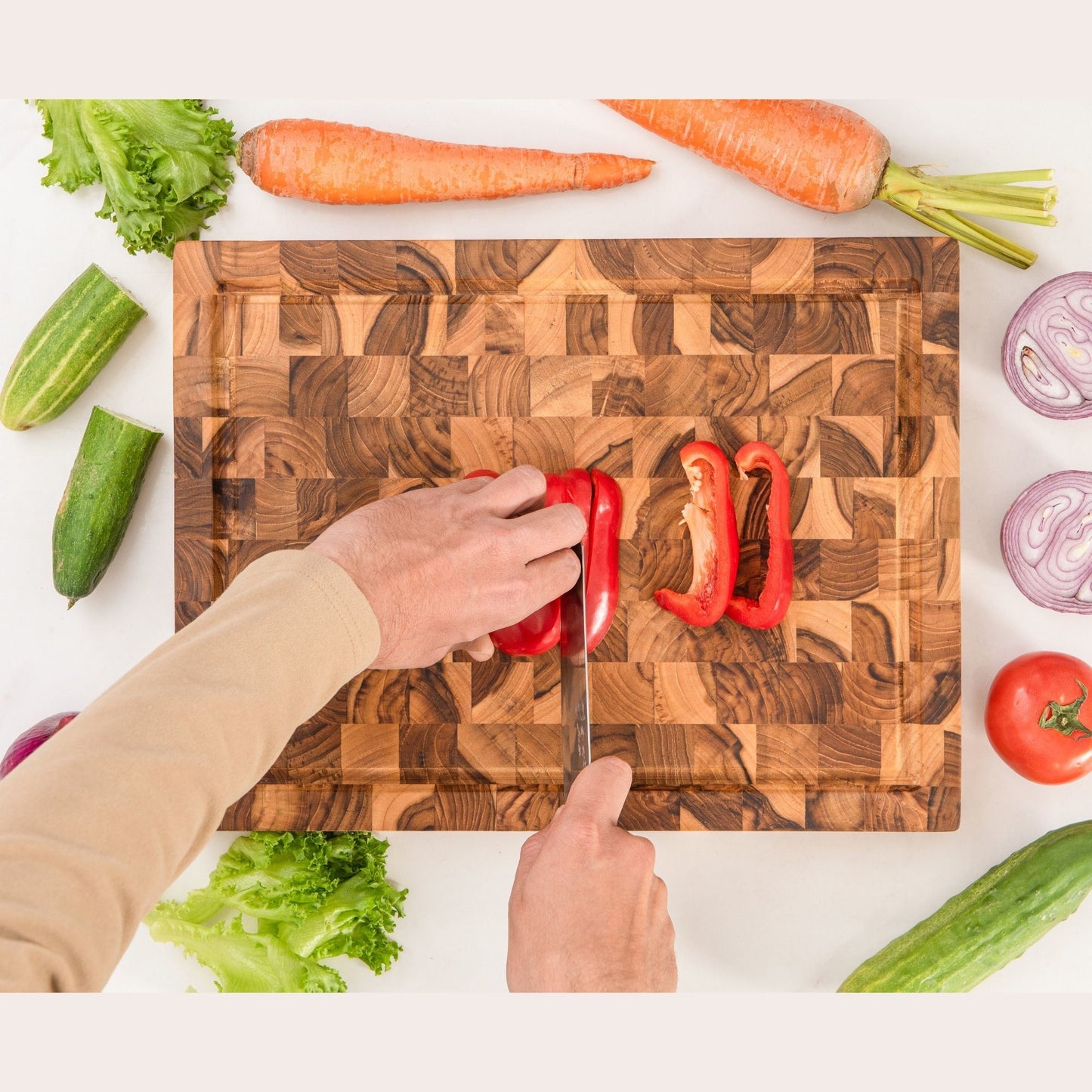 End Grain Teak Cutting Board Reversible Chopping Serving Board Multipurpose Food Safe Thick Board; Small Size 16x12x1.5 inches (1PCS)