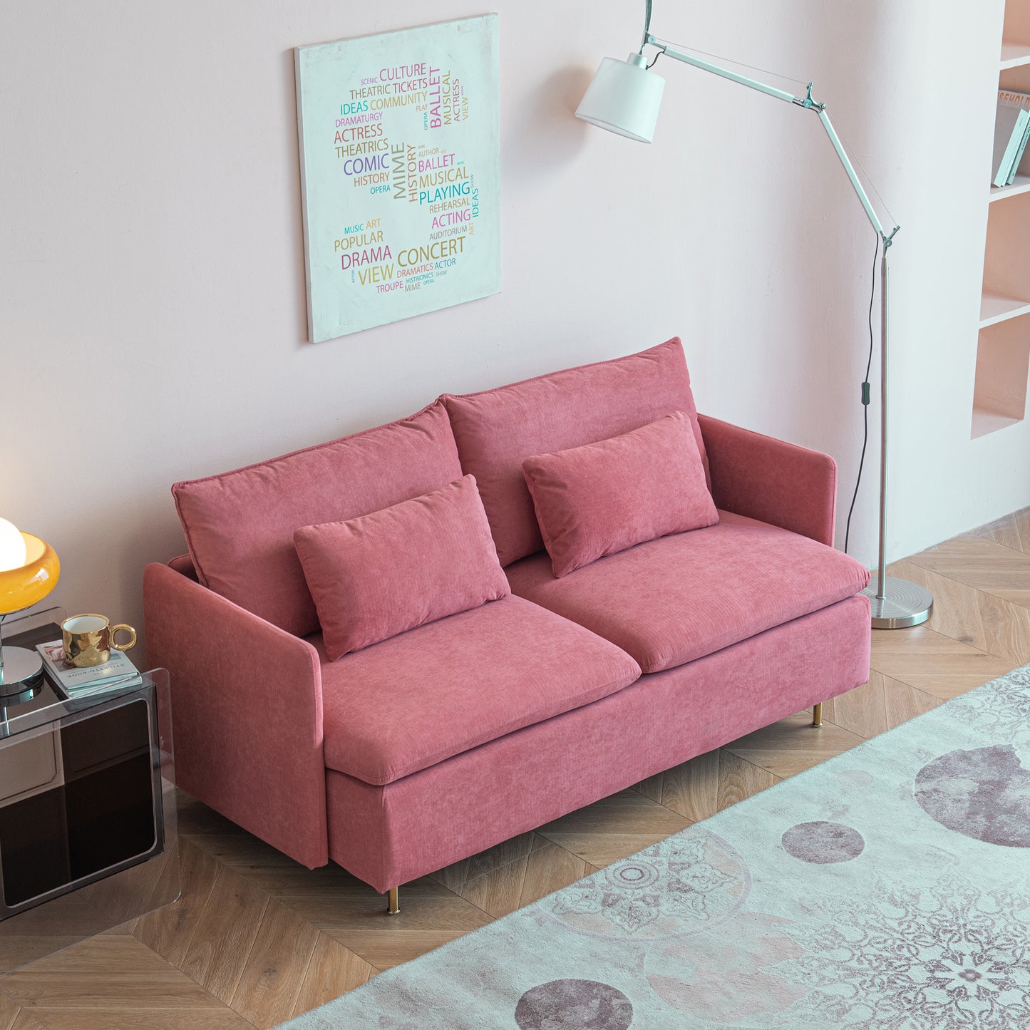 Modern Upholstered Loveseat Sofa;  Pink Cotton Linen-63.8''