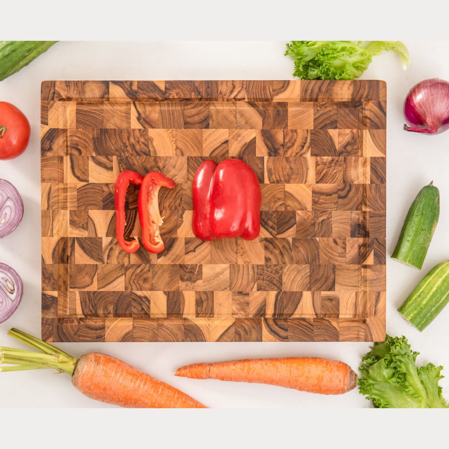 End Grain Teak Cutting Board Reversible Chopping Serving Board Multipurpose Food Safe Thick Board; Small Size 16x12x1.5 inches (1PCS)