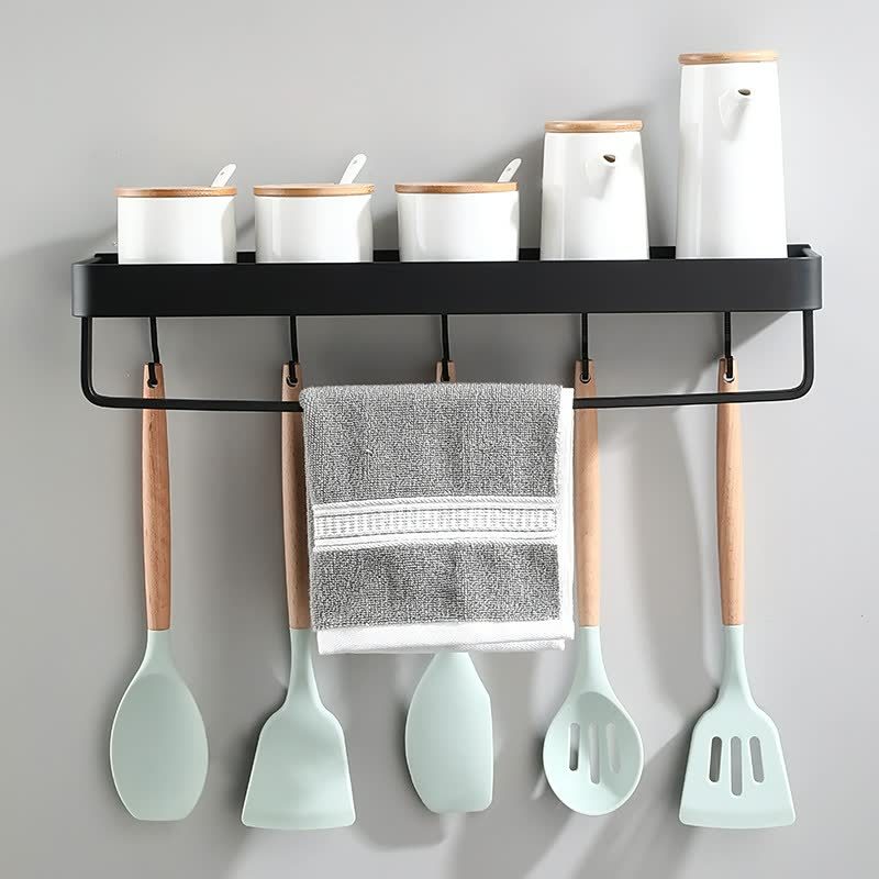 Black Hook Frame Wall-mounted Kitchen Shelf Hanging Rod Space Aluminum Hanger Storage Rack Home Condiment Rack